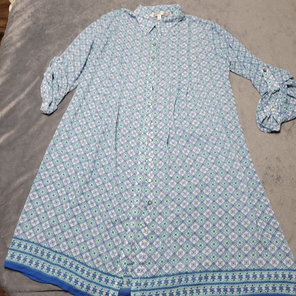 Max Studio Shirt Dress Women Small Blue Sheer Scoop Pearl Button Roll Tab Sleeve
